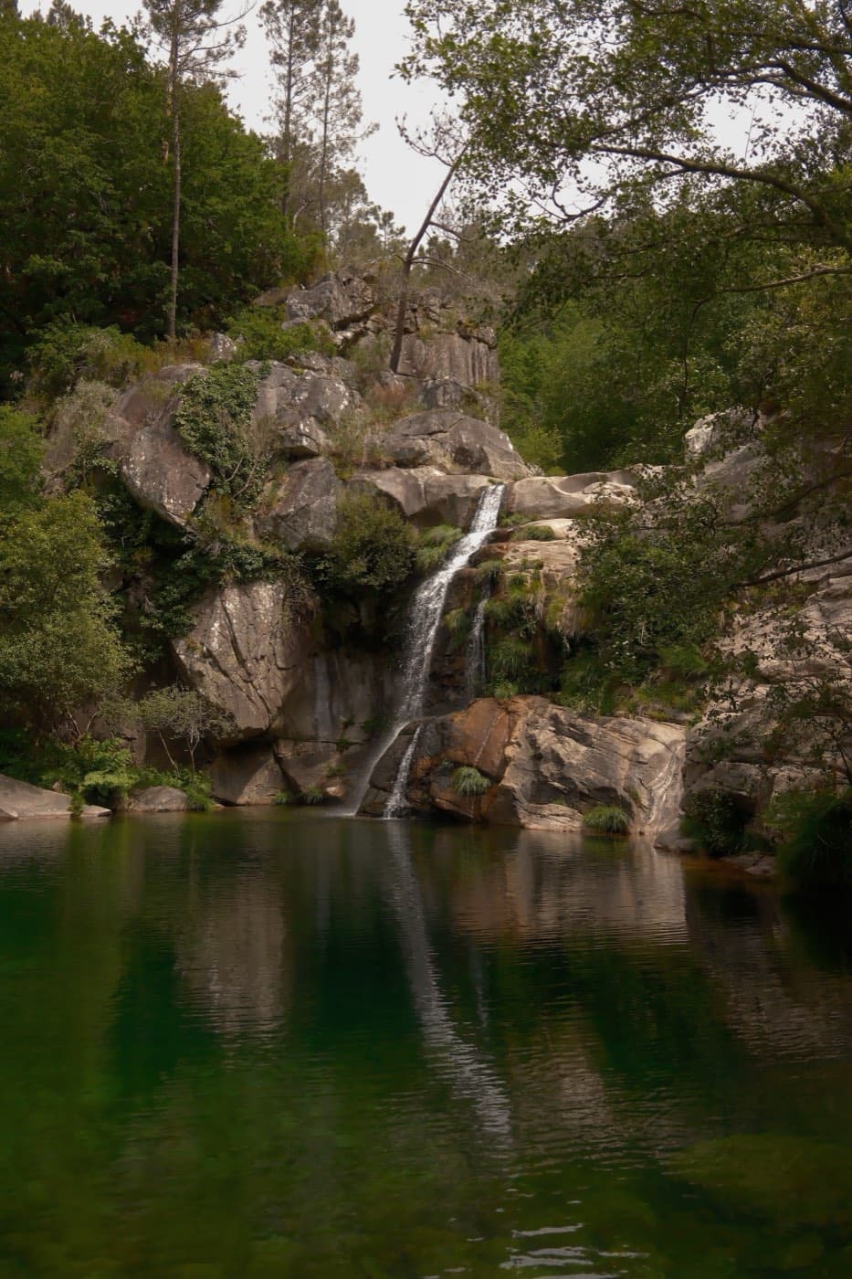A waterfall falling into a green natural pool between rocks.